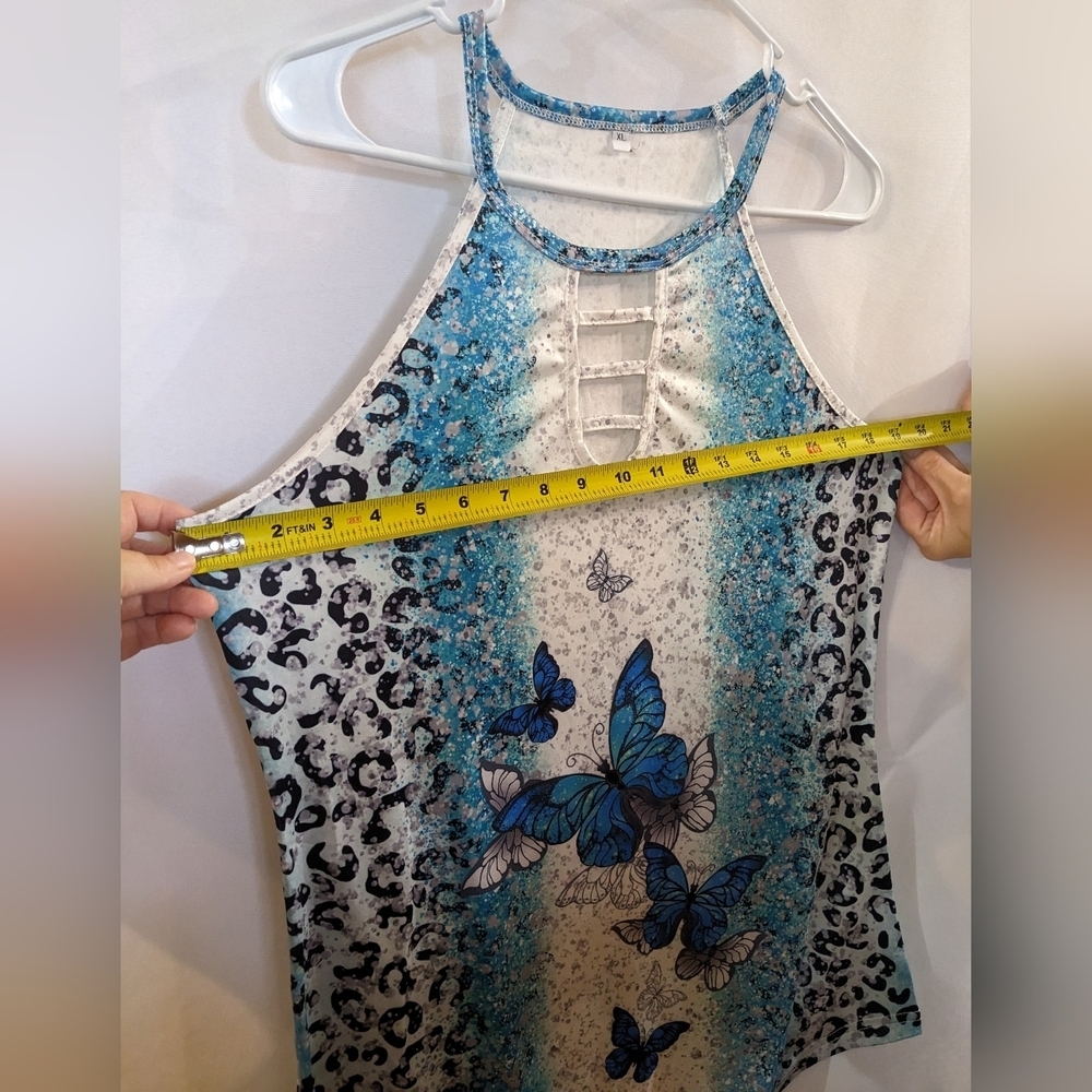 Cutout Butterfly Print Halter Neck Top, Casual Summer Sleeveless Top, T1W - Picture 8 of 8